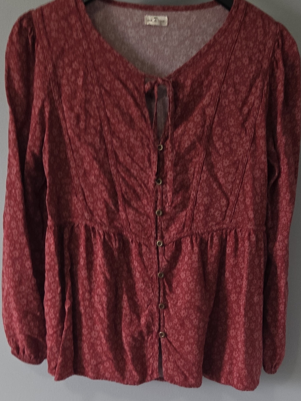 Button-Front Floral Peasant Blouse in Burgundy